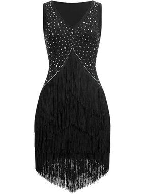 Black Rhinestone Fringe Tiered Latin Ballroom Dance Dress Flapper Sz M-L
